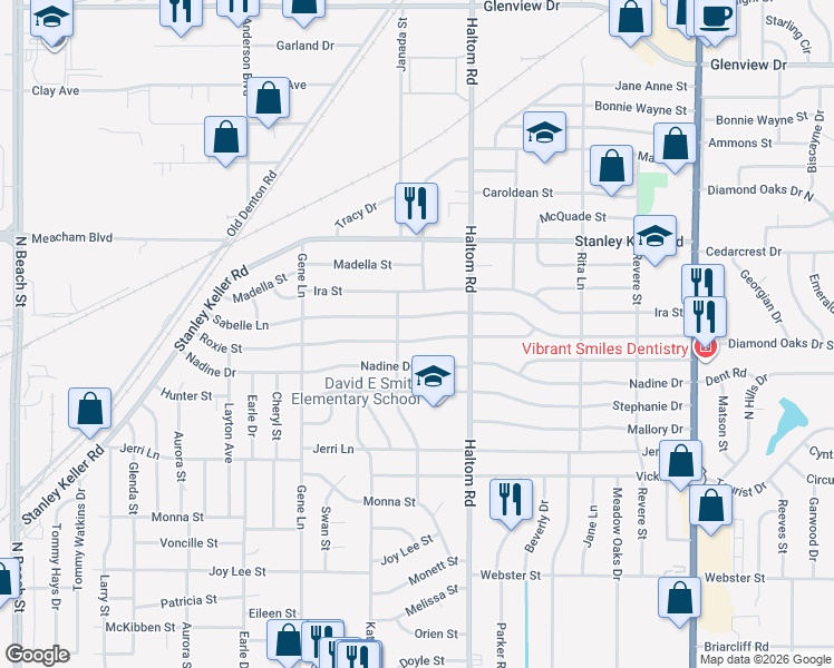 map of restaurants, bars, coffee shops, grocery stores, and more near 5012 Sabelle Lane in Fort Worth