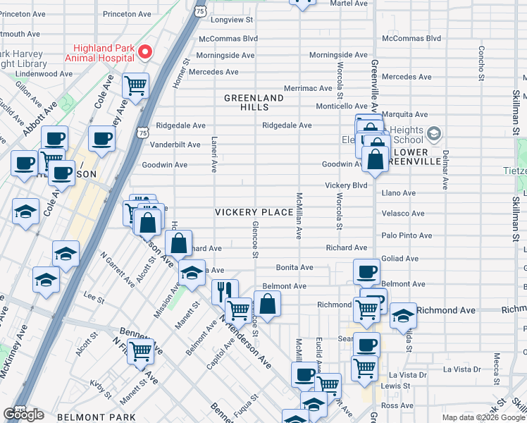 map of restaurants, bars, coffee shops, grocery stores, and more near 5408 Miller Avenue in Dallas