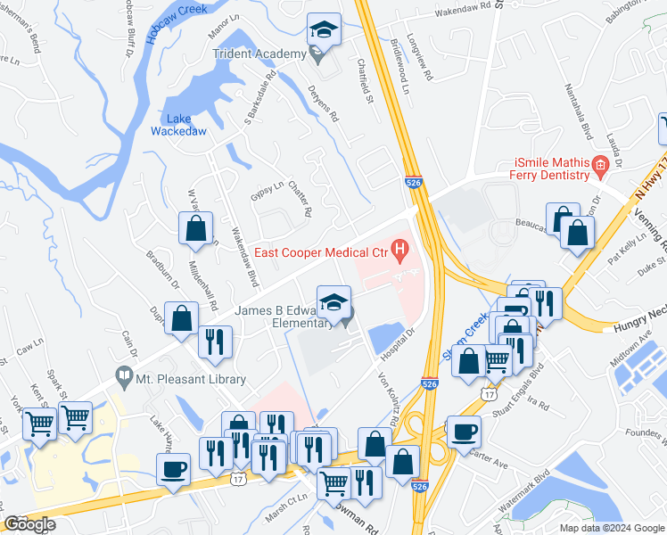 map of restaurants, bars, coffee shops, grocery stores, and more near 809 Von Kolnitz Road in Mount Pleasant