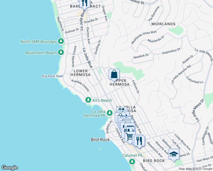 map of restaurants, bars, coffee shops, grocery stores, and more near 6055 La Jolla Hermosa Avenue in San Diego