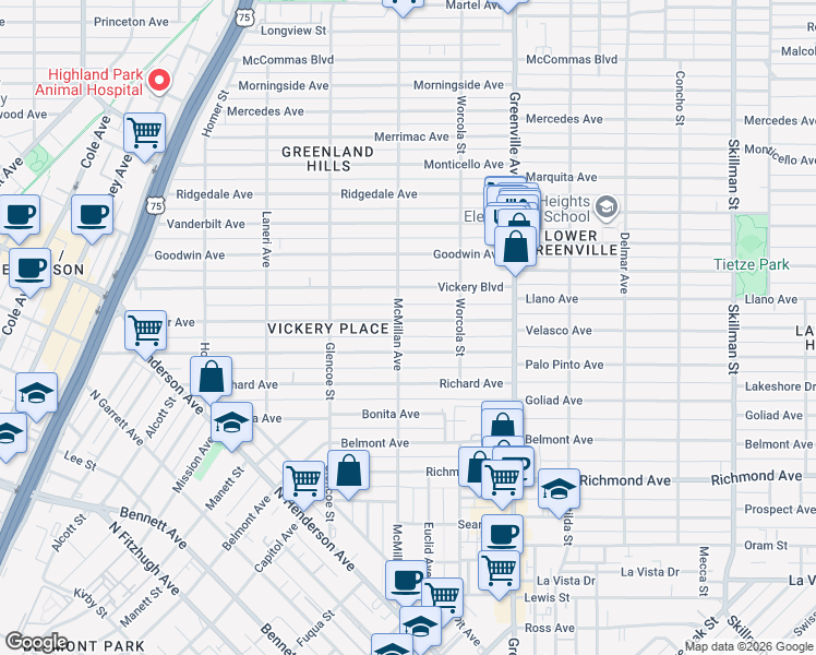 map of restaurants, bars, coffee shops, grocery stores, and more near 5506 Miller Avenue in Dallas
