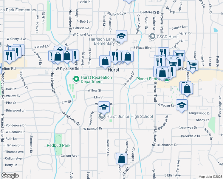 map of restaurants, bars, coffee shops, grocery stores, and more near 217 West Oak Drive in Hurst