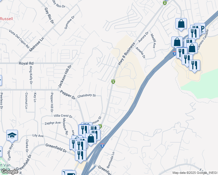map of restaurants, bars, coffee shops, grocery stores, and more near 2000 East Main Street in El Cajon