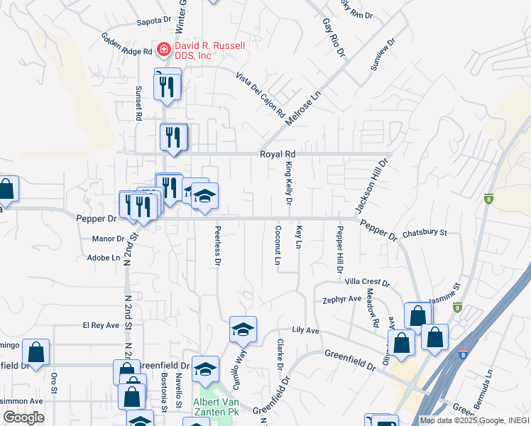 map of restaurants, bars, coffee shops, grocery stores, and more near 1819 Orange Vista Lane in El Cajon