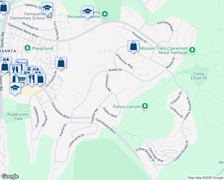 map of restaurants, bars, coffee shops, grocery stores, and more near 4227 Cartulina Road in San Diego