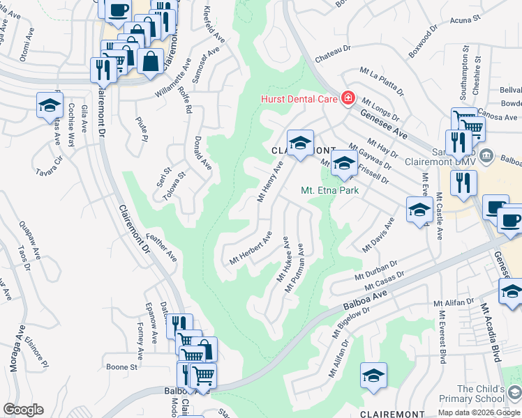 map of restaurants, bars, coffee shops, grocery stores, and more near 4595 Mount Henry Place in San Diego