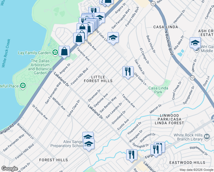 map of restaurants, bars, coffee shops, grocery stores, and more near 8818 Diceman Drive in Dallas