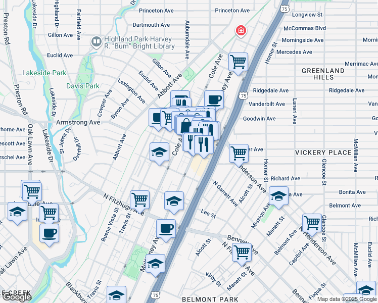 map of restaurants, bars, coffee shops, grocery stores, and more near 4514 Cole Avenue in Dallas