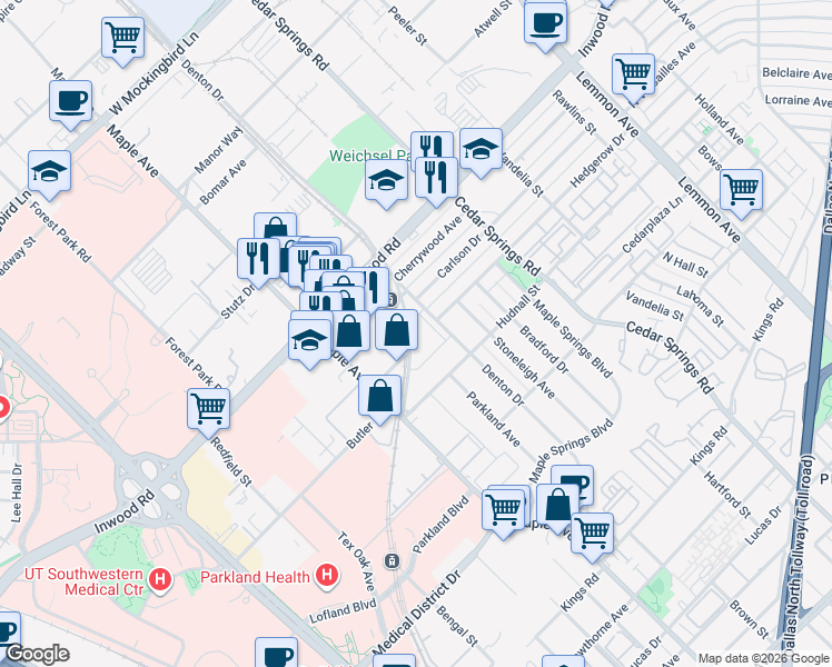 map of restaurants, bars, coffee shops, grocery stores, and more near 5520 Denton Drive in Dallas