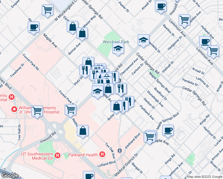 map of restaurants, bars, coffee shops, grocery stores, and more near in Dallas
