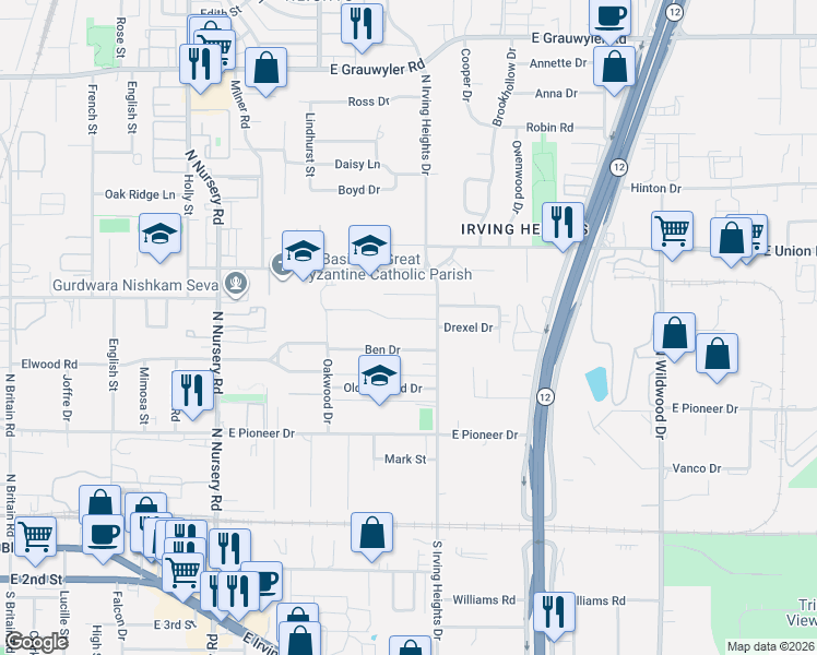 map of restaurants, bars, coffee shops, grocery stores, and more near 1501 Drexel Drive in Irving