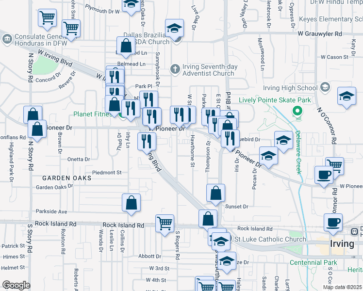 map of restaurants, bars, coffee shops, grocery stores, and more near 622 North Rogers Road in Irving