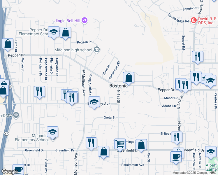 map of restaurants, bars, coffee shops, grocery stores, and more near 1049 Pepper Drive in El Cajon