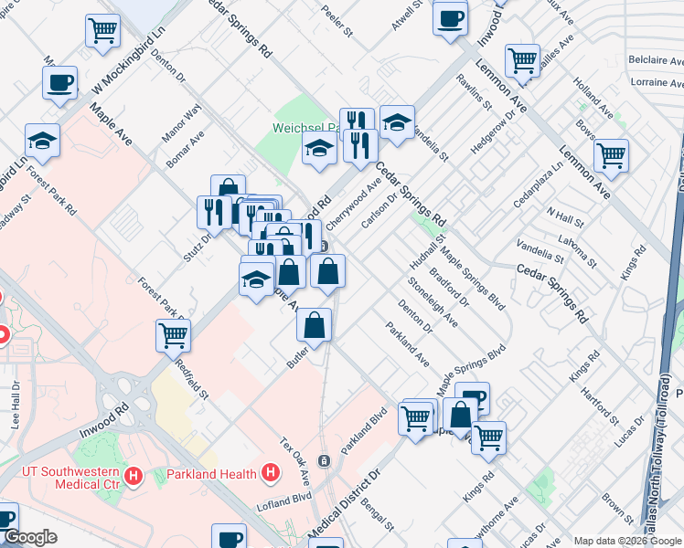 map of restaurants, bars, coffee shops, grocery stores, and more near 5520 Denton Drive in Dallas