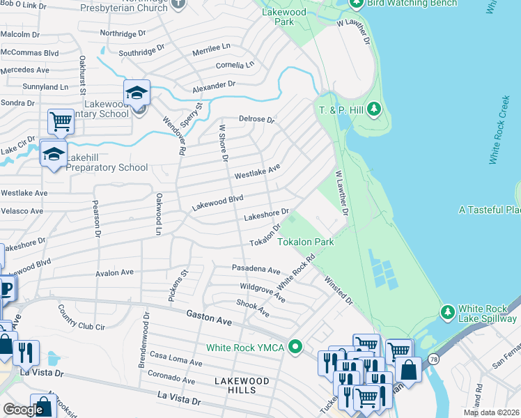 map of restaurants, bars, coffee shops, grocery stores, and more near 7030 Lakewood Boulevard in Dallas