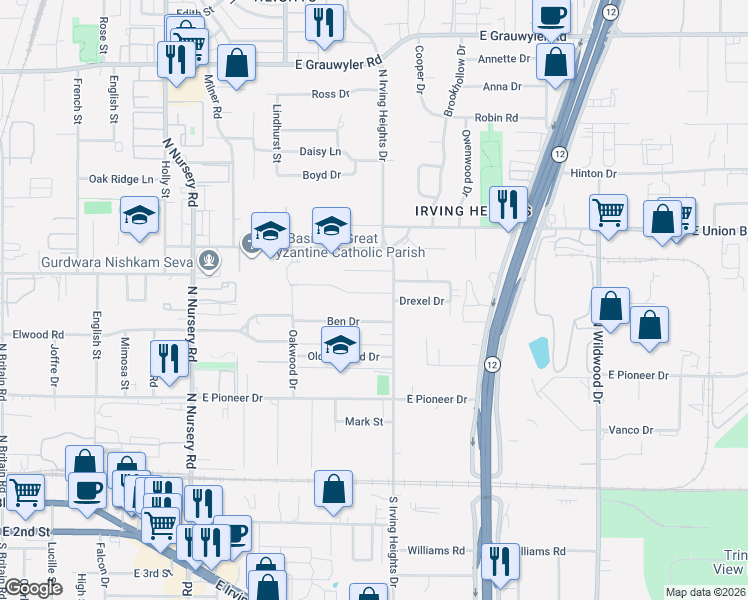 map of restaurants, bars, coffee shops, grocery stores, and more near 1501 Drexel Drive in Irving