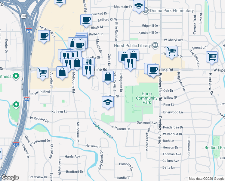 map of restaurants, bars, coffee shops, grocery stores, and more near 633 Timberline Drive in Hurst