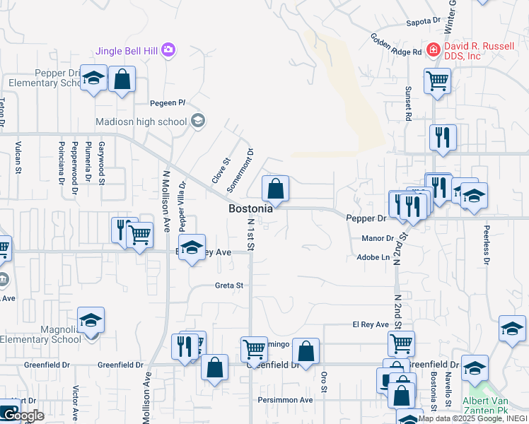 map of restaurants, bars, coffee shops, grocery stores, and more near 1117 Pepper Drive in El Cajon