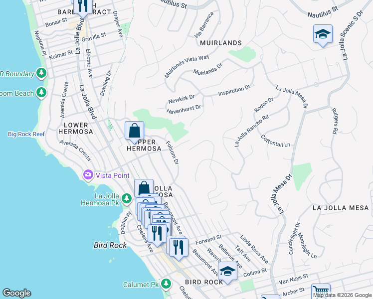 map of restaurants, bars, coffee shops, grocery stores, and more near 5995 La Jolla Corona Drive in San Diego