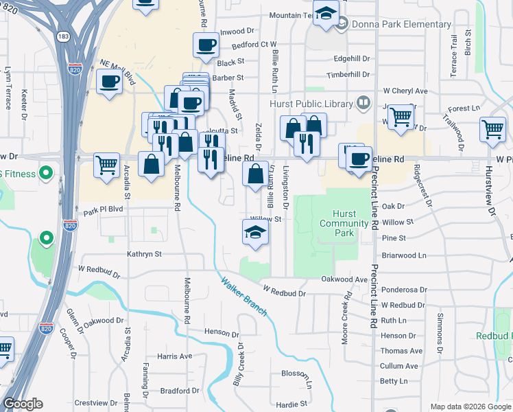 map of restaurants, bars, coffee shops, grocery stores, and more near 633 Timberline Drive in Hurst