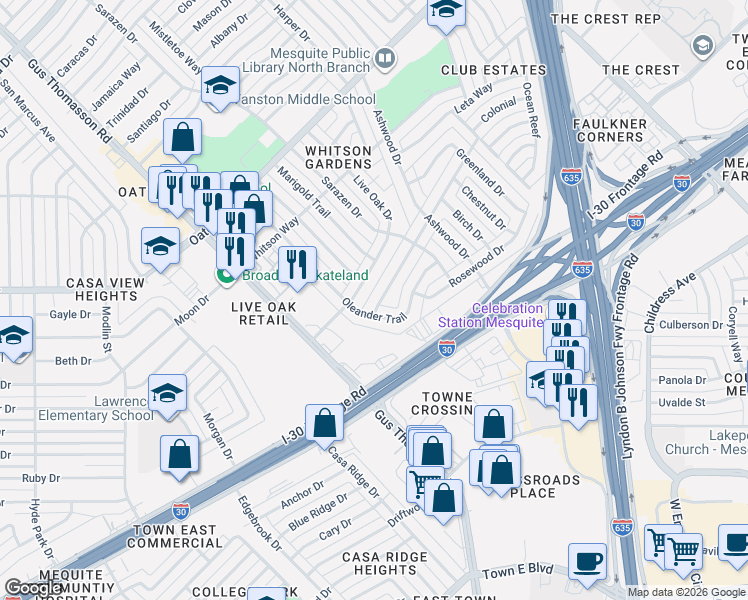 map of restaurants, bars, coffee shops, grocery stores, and more near 2844 Live Oak Drive in Mesquite