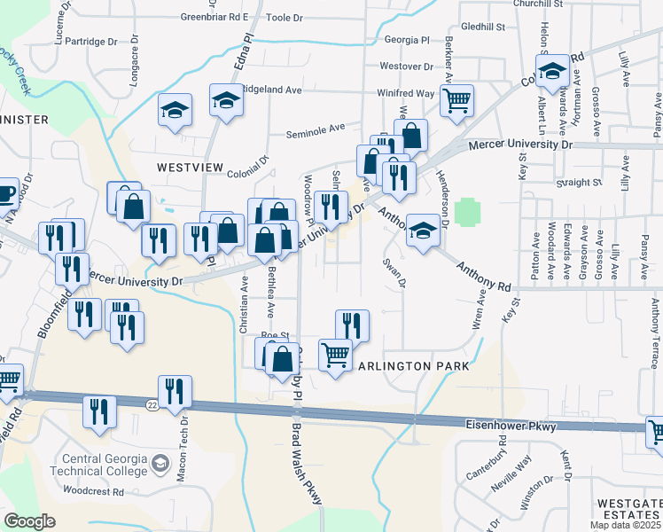 map of restaurants, bars, coffee shops, grocery stores, and more near 1753 Arlington Park in Macon