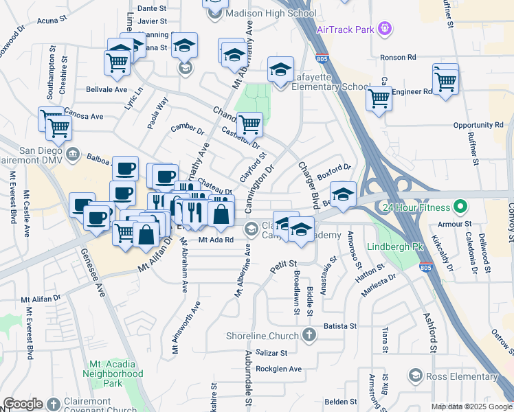 map of restaurants, bars, coffee shops, grocery stores, and more near 6602 Beadnell Way in San Diego