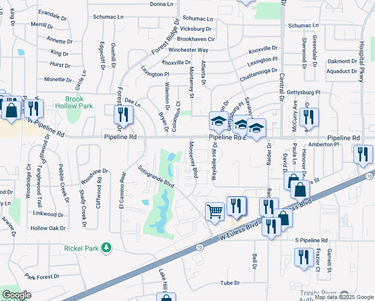 map of restaurants, bars, coffee shops, grocery stores, and more near 1220 Monterrey Boulevard in Euless