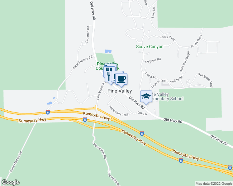 map of restaurants, bars, coffee shops, grocery stores, and more near 28857 Old Highway 80 in Pine Valley
