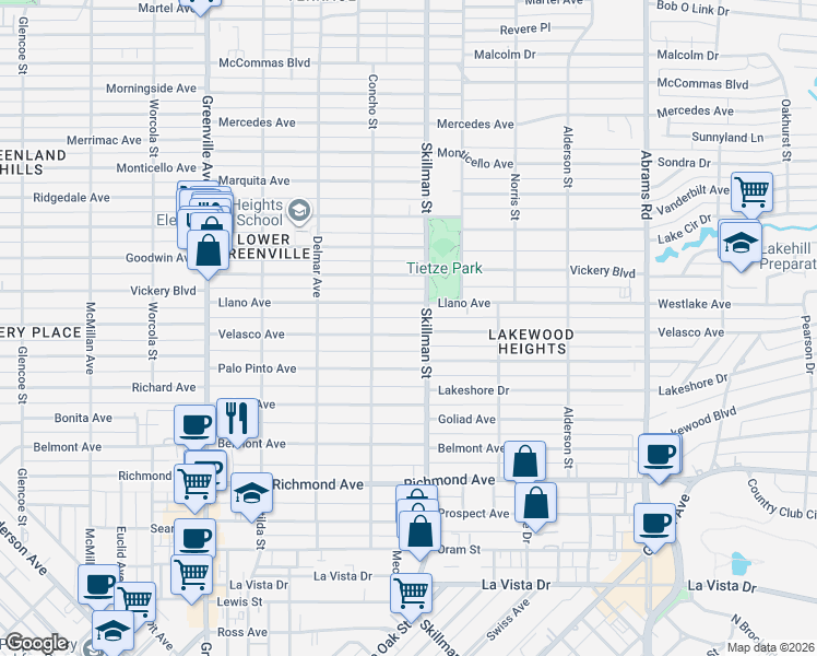 map of restaurants, bars, coffee shops, grocery stores, and more near 6035 Velasco Avenue in Dallas