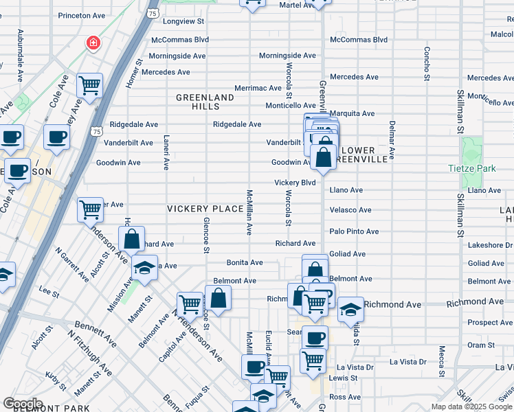 map of restaurants, bars, coffee shops, grocery stores, and more near 5515 Miller Avenue in Dallas