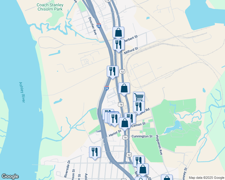 map of restaurants, bars, coffee shops, grocery stores, and more near 2115 Ashepoo Lane in Charleston