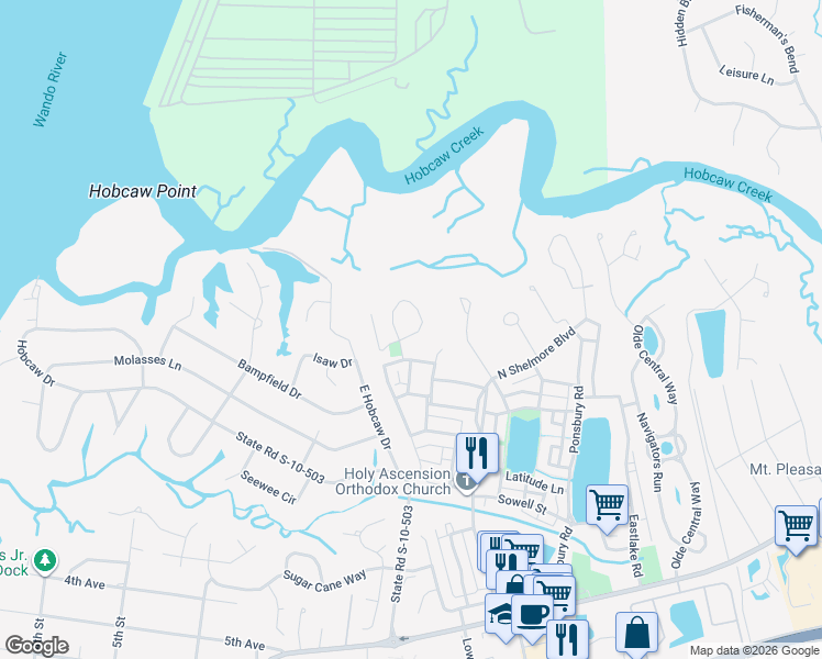 map of restaurants, bars, coffee shops, grocery stores, and more near 31 Robert Mills Circle in Mount Pleasant