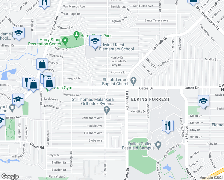 map of restaurants, bars, coffee shops, grocery stores, and more near 2714 Oates Drive in Dallas
