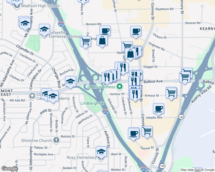 map of restaurants, bars, coffee shops, grocery stores, and more near 7351-7635 Balboa Ave in San Diego