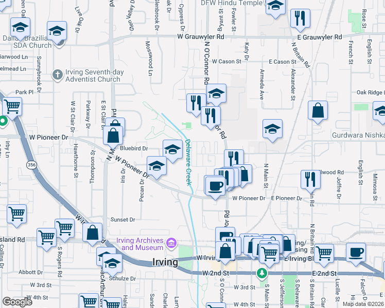map of restaurants, bars, coffee shops, grocery stores, and more near 609 West Union Bower Road in Irving