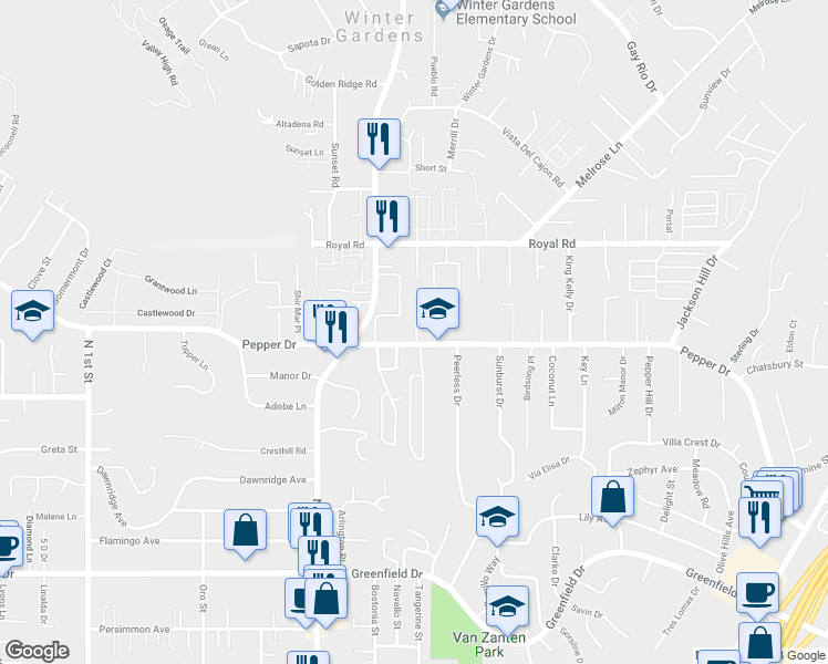 map of restaurants, bars, coffee shops, grocery stores, and more near 1850 Pepper Valley Lane in El Cajon