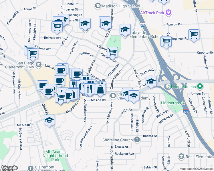 map of restaurants, bars, coffee shops, grocery stores, and more near 6039 Chateau Drive in San Diego