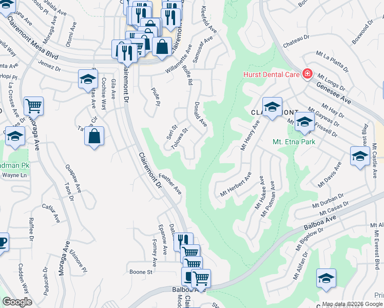 map of restaurants, bars, coffee shops, grocery stores, and more near 4244 Toch Street in San Diego