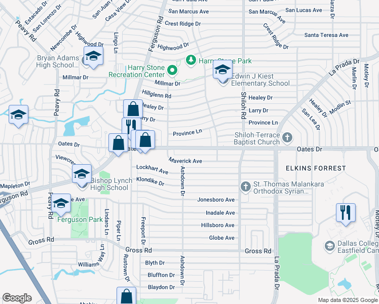 map of restaurants, bars, coffee shops, grocery stores, and more near 2511 Oates Drive in Dallas