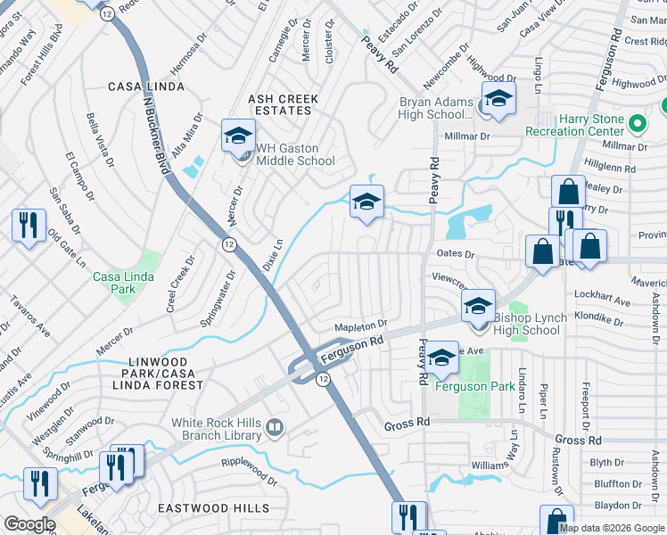 map of restaurants, bars, coffee shops, grocery stores, and more near 9652 Vinewood Drive in Dallas