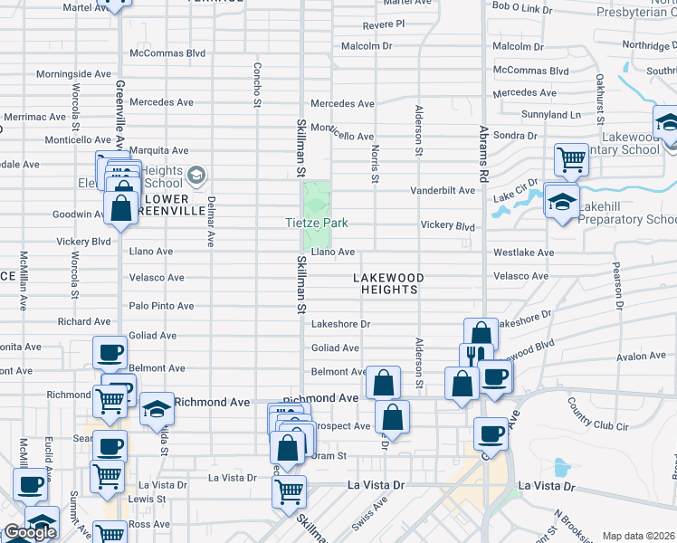 map of restaurants, bars, coffee shops, grocery stores, and more near 6127 Velasco Avenue in Dallas