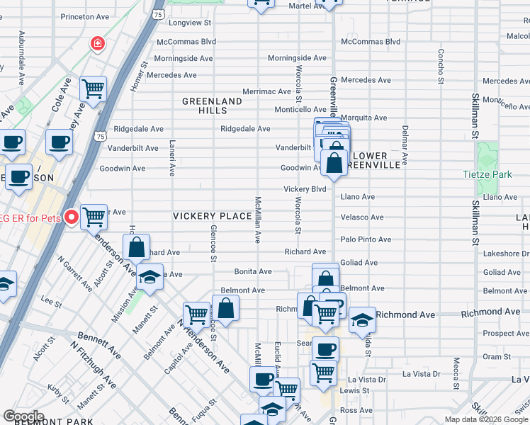 map of restaurants, bars, coffee shops, grocery stores, and more near 5515 Miller Avenue in Dallas