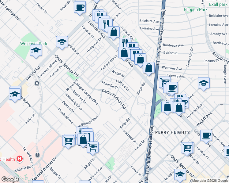 map of restaurants, bars, coffee shops, grocery stores, and more near 5105 Vandelia Street in Dallas