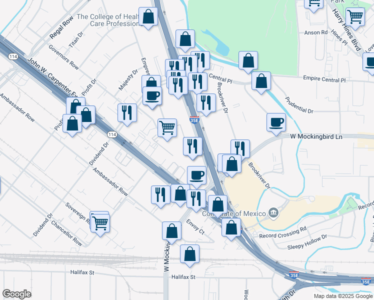 map of restaurants, bars, coffee shops, grocery stores, and more near 7701 N Stemmons Fwy in Dallas