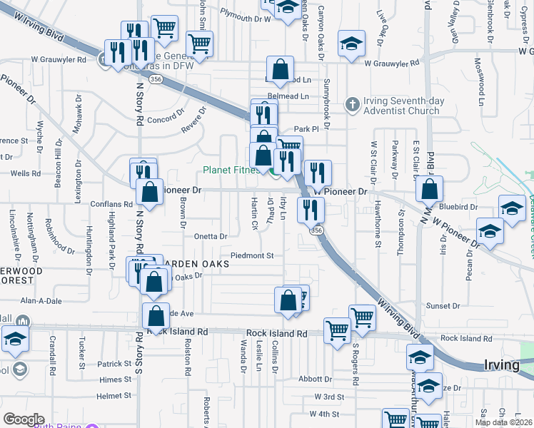 map of restaurants, bars, coffee shops, grocery stores, and more near 635 Thad Drive in Irving