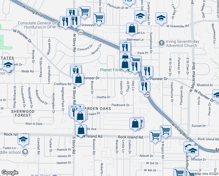 map of restaurants, bars, coffee shops, grocery stores, and more near 609 South Tanglewood Drive in Irving
