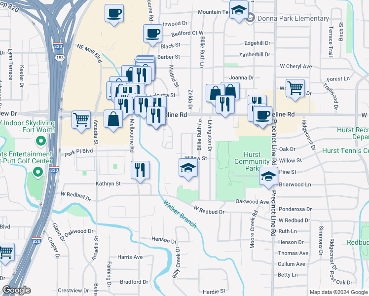 map of restaurants, bars, coffee shops, grocery stores, and more near 633 Timberline Drive in Hurst