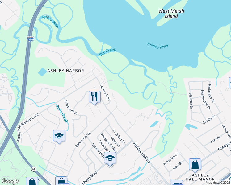 map of restaurants, bars, coffee shops, grocery stores, and more near 1560 Boone Hall Drive in Charleston