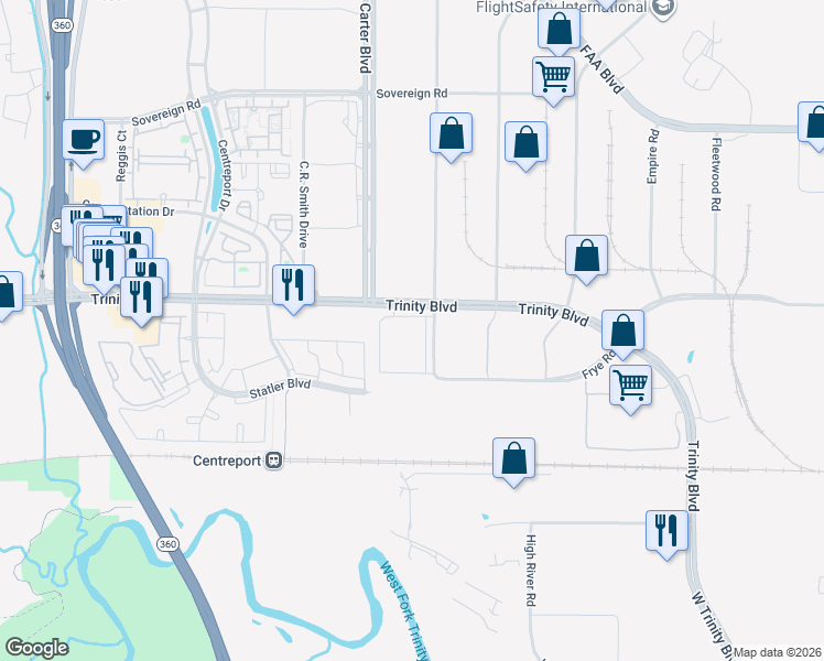 map of restaurants, bars, coffee shops, grocery stores, and more near 14770 Trinity Boulevard in Fort Worth